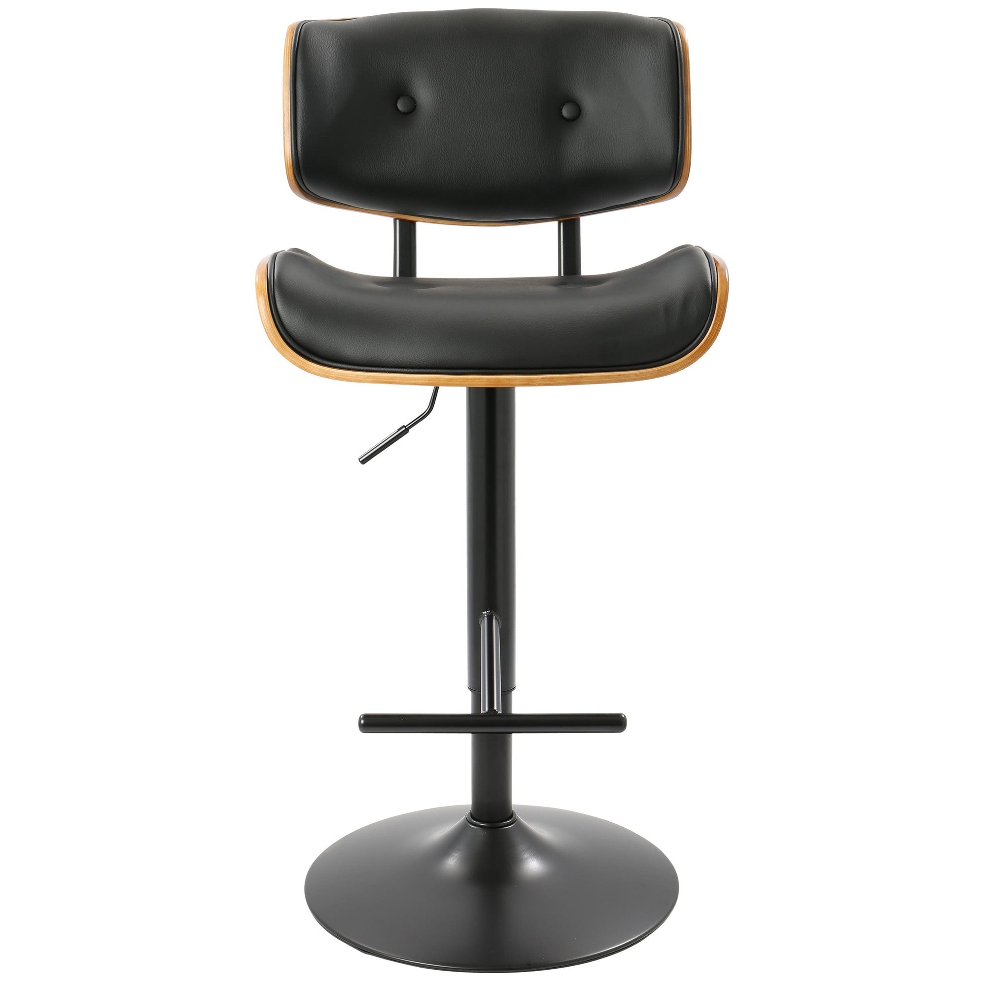 Lombardi Adjustable Barstool - Black Metal, Walnut Wood, Black PU