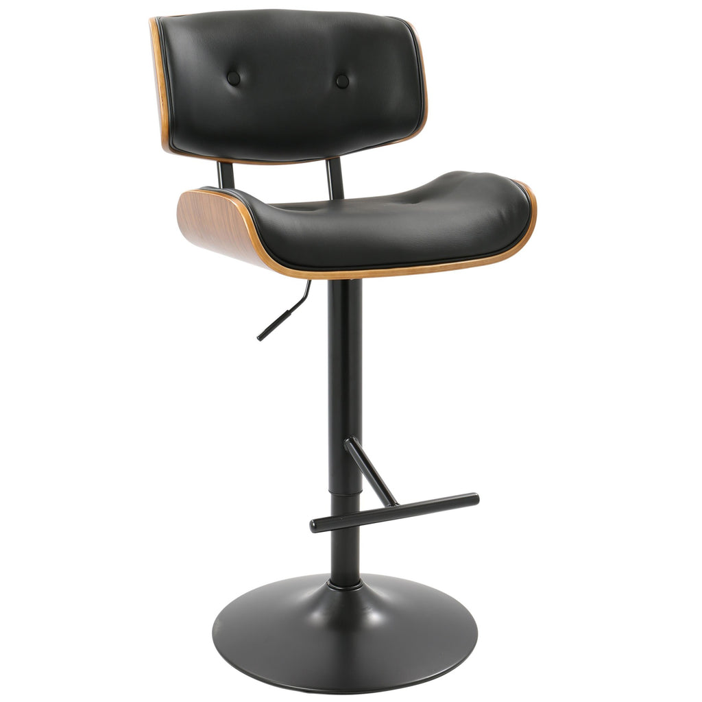 Lombardi Adjustable Barstool - Black Metal, Walnut Wood, Black PU