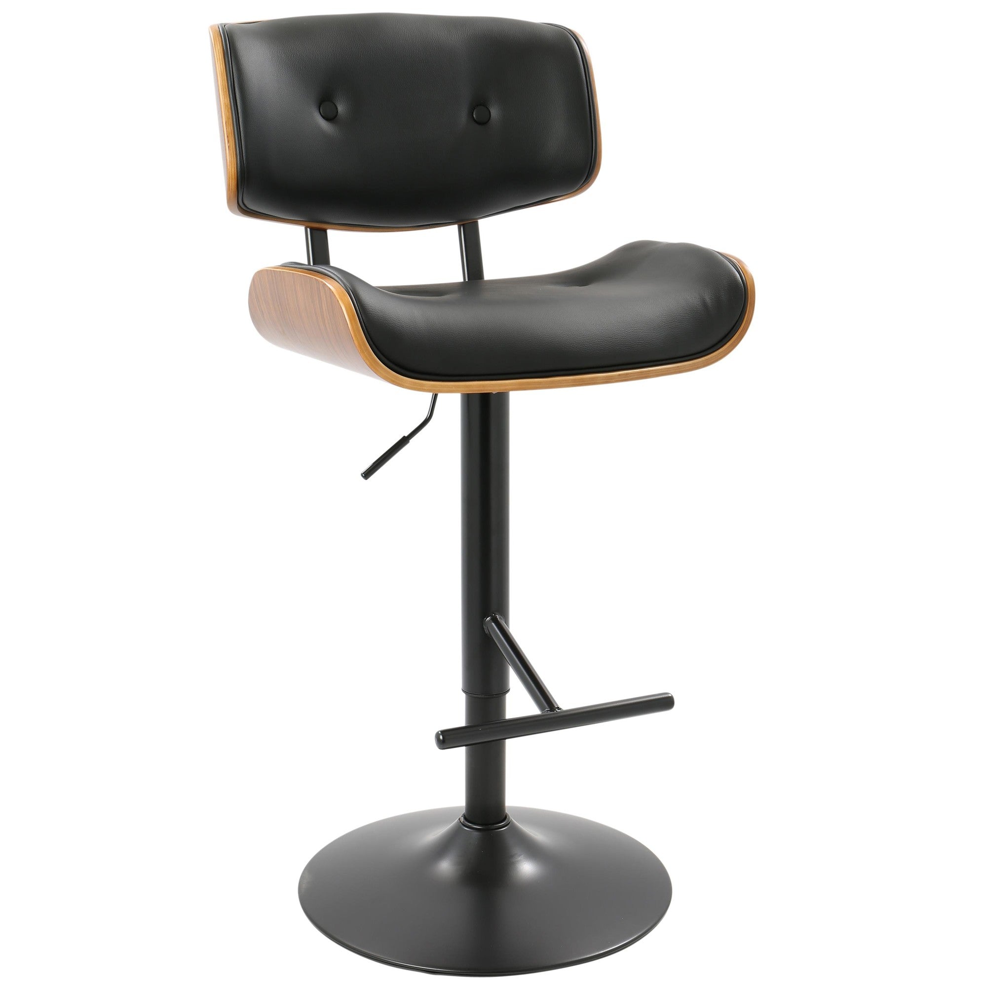 Lombardi Adjustable Barstool - Black Metal, Walnut Wood, Black PU