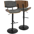 Lombardi Adjustable Barstool - Black Metal, Walnut Wood, Grey PU