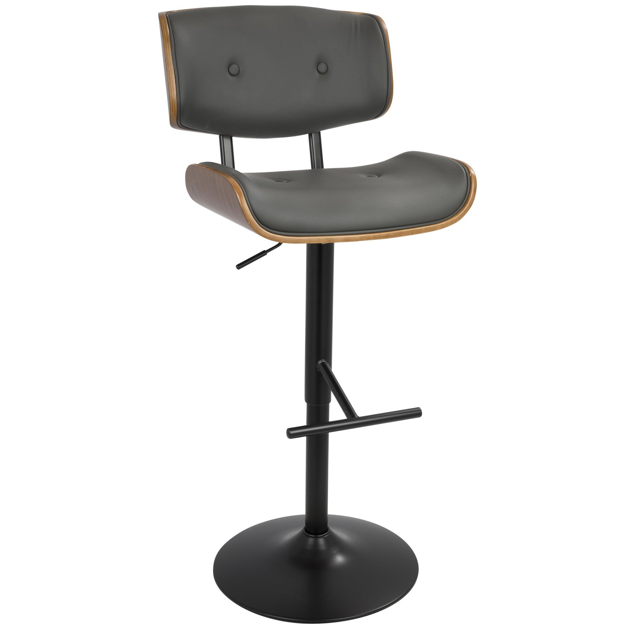 Lombardi Adjustable Barstool - Black Metal, Walnut Wood, Grey PU