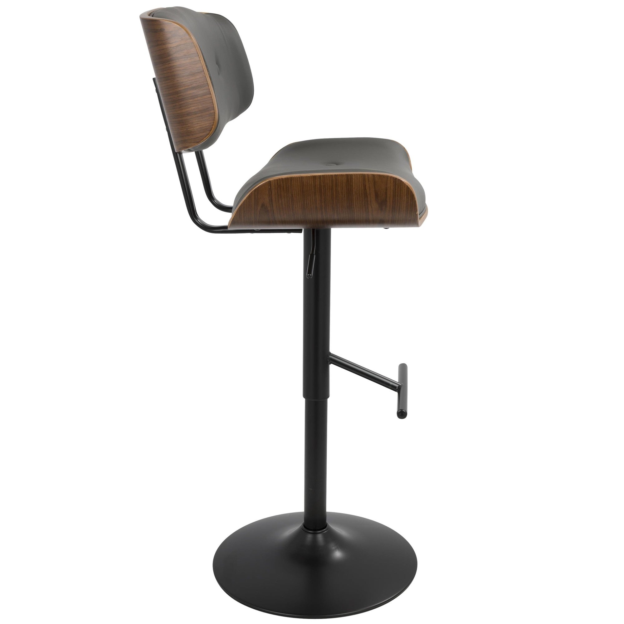 Lombardi Adjustable Barstool - Black Metal, Walnut Wood, Grey PU