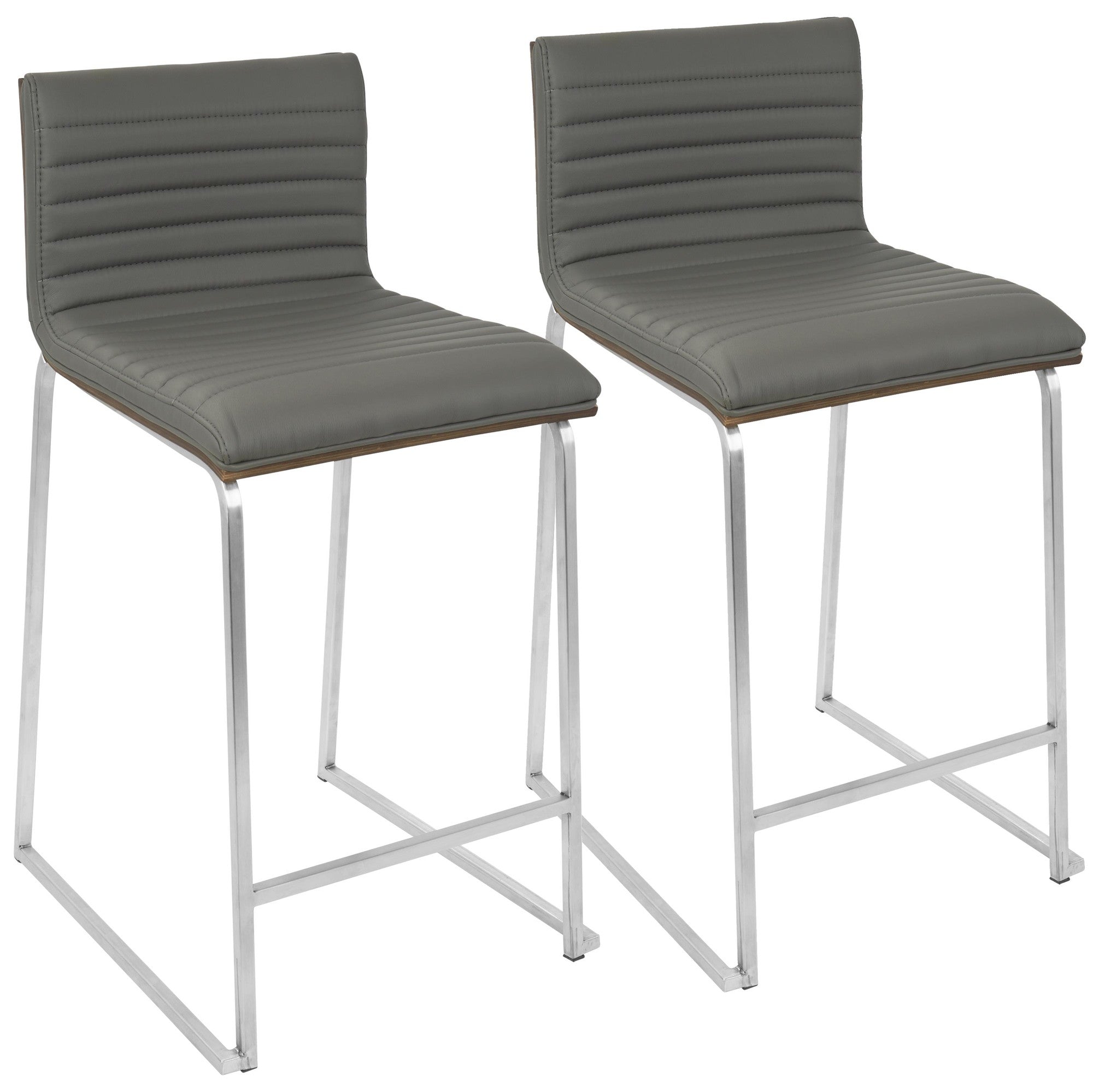 Mara 26" Fixed-Height Counter Stool - Set of 2 - Brushed Stainless Steel, Walnut Wood, Grey PU