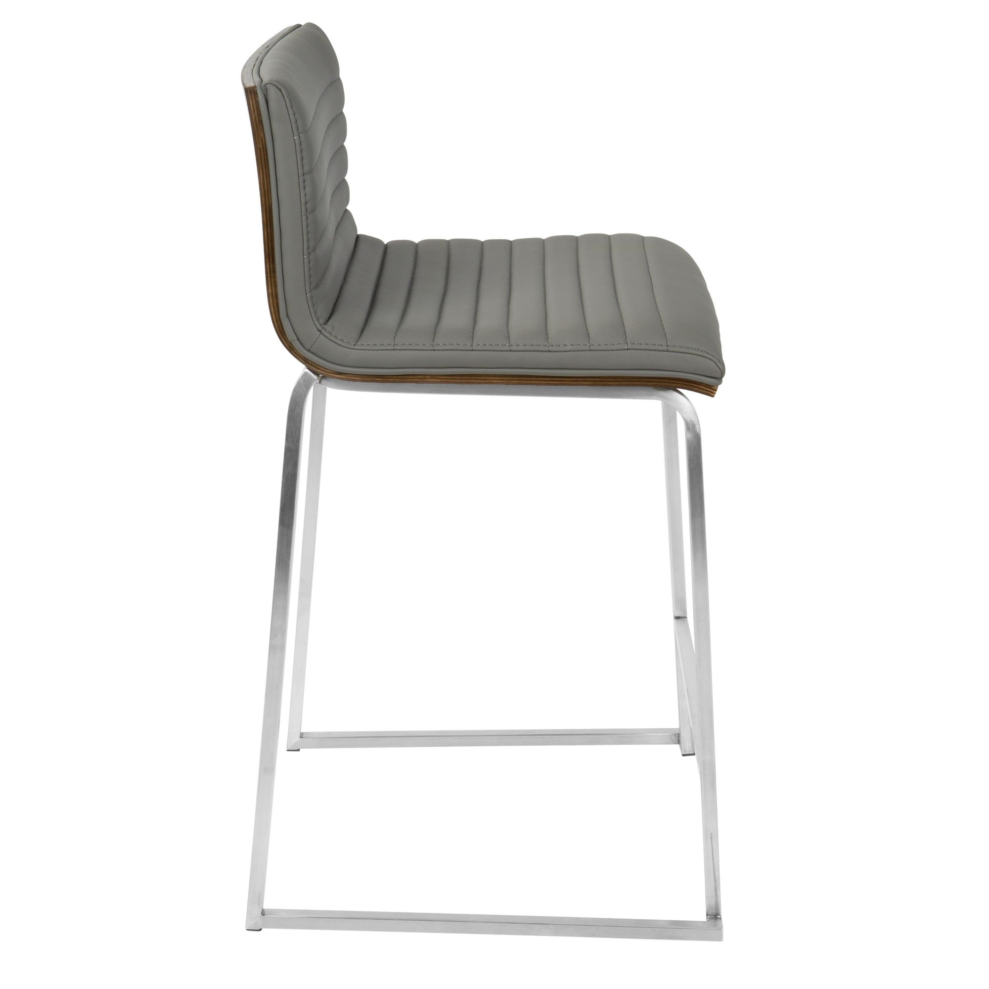 Mara 26" Fixed-Height Counter Stool - Set of 2 - Brushed Stainless Steel, Walnut Wood, Grey PU
