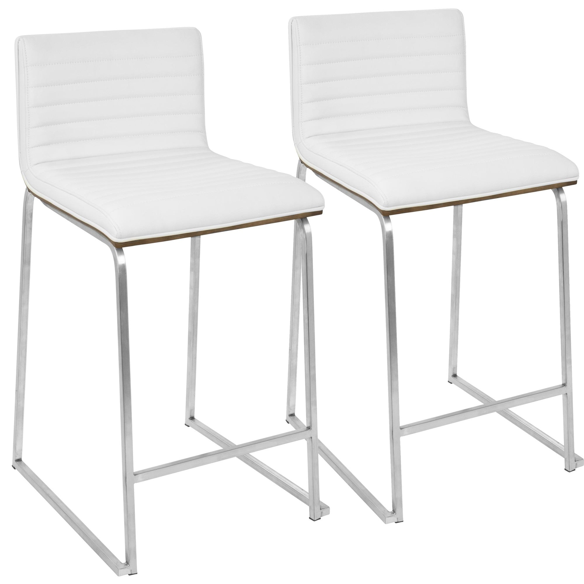 Mara 26" Fixed-Height Counter Stool - Set of 2 - Brushed Stainless Steel, Walnut Wood, White PU
