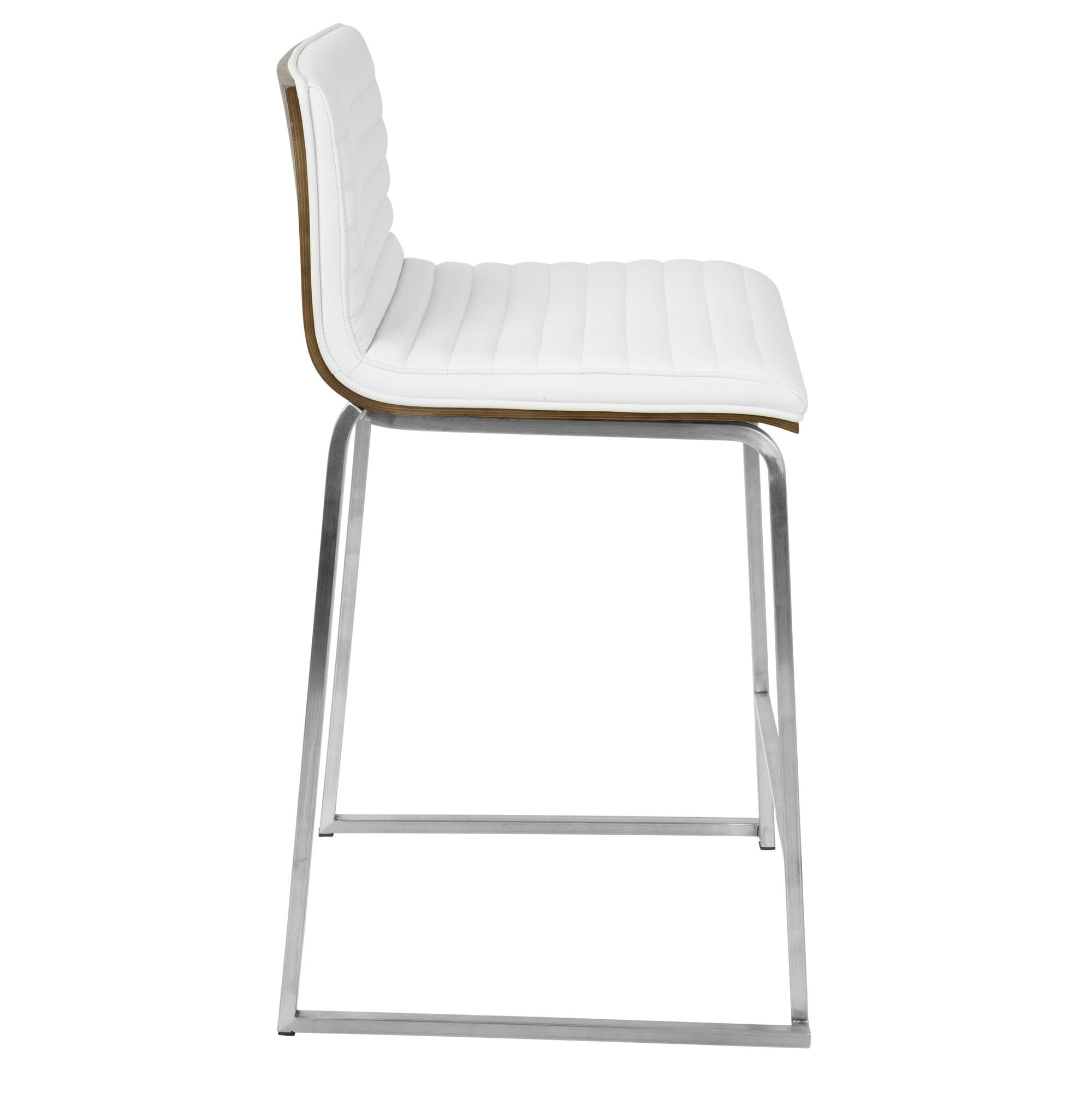 Mara 26" Fixed-Height Counter Stool - Set of 2 - Brushed Stainless Steel, Walnut Wood, White PU
