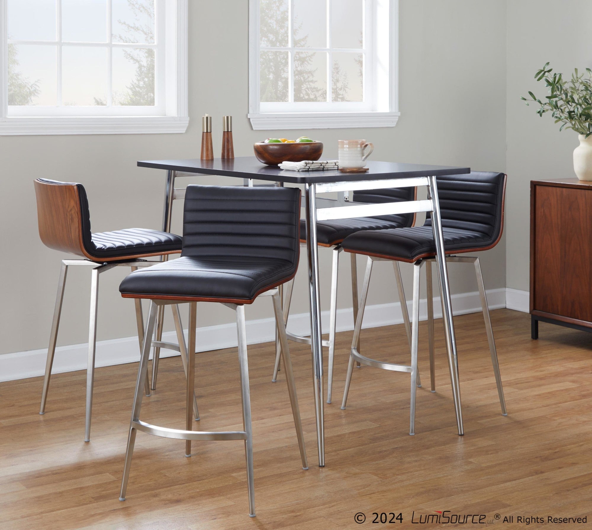 Marcel-mason Swivel Counter Height Dining Set - 5 Piece - Chrome Metal, Black Wood, Walnut Wood, Black PU, Stainless Steel