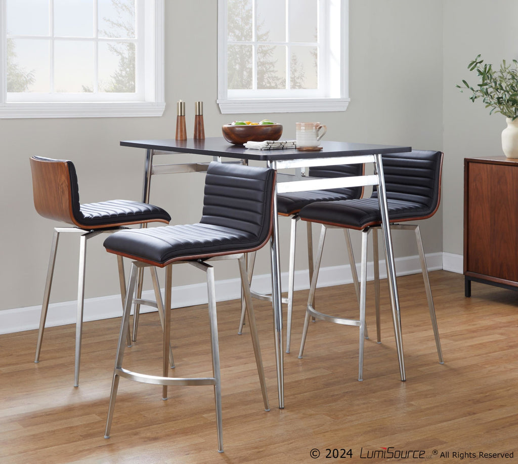 Marcel-mason Swivel Counter Height Dining Set - 5 Piece - Chrome Metal, Black Wood, Walnut Wood, Black PU, Stainless Steel
