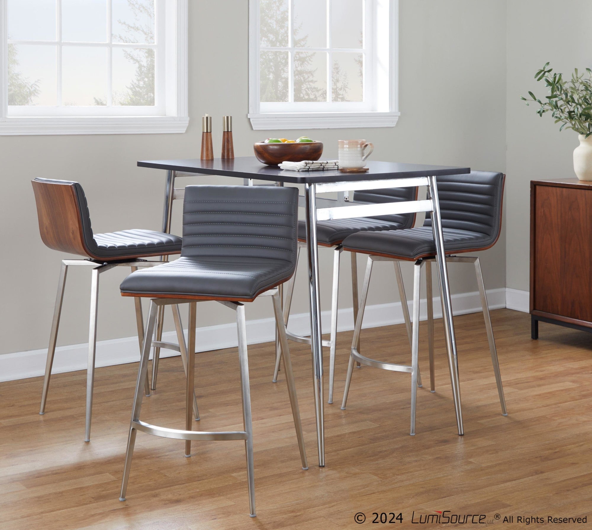 Marcel-mason Swivel Counter Height Dining Set - 5 Piece - Chrome Metal, Black Wood, Walnut Wood, Grey PU, Stainless Steel