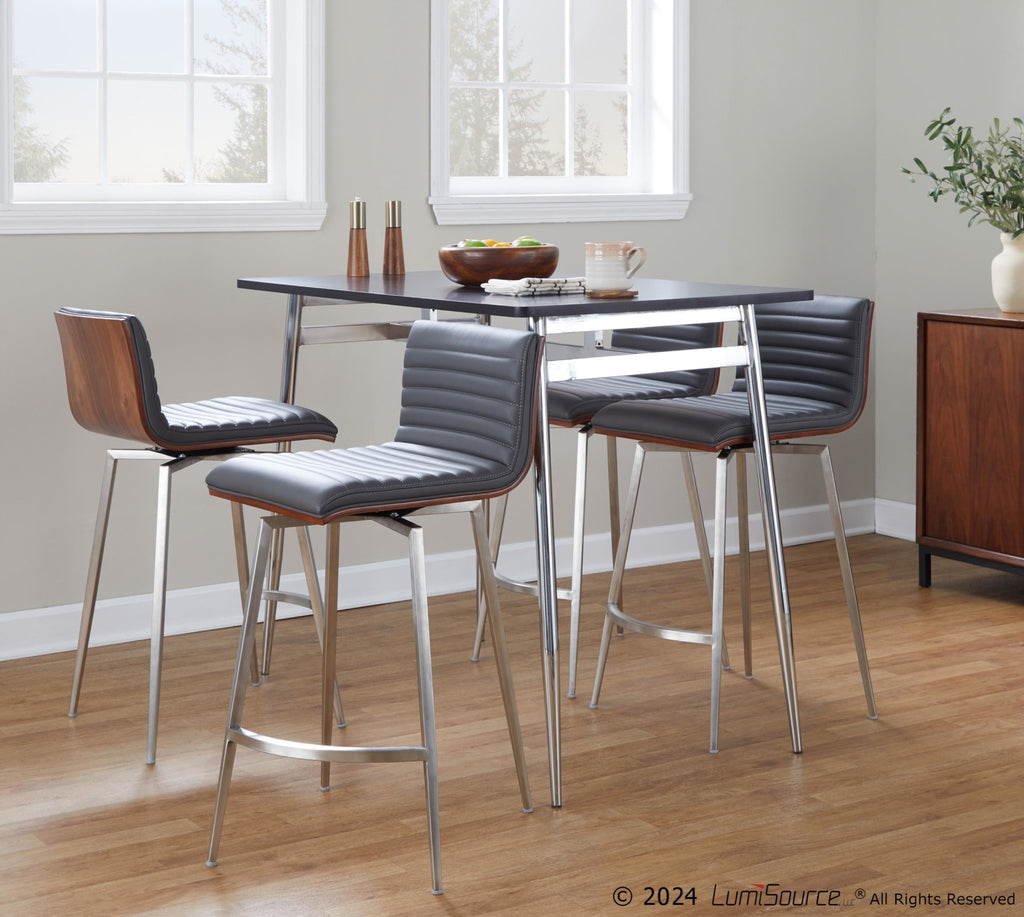 Marcel-mason Swivel Counter Height Dining Set - 5 Piece - Chrome Metal, Black Wood, Walnut Wood, Grey PU, Stainless Steel