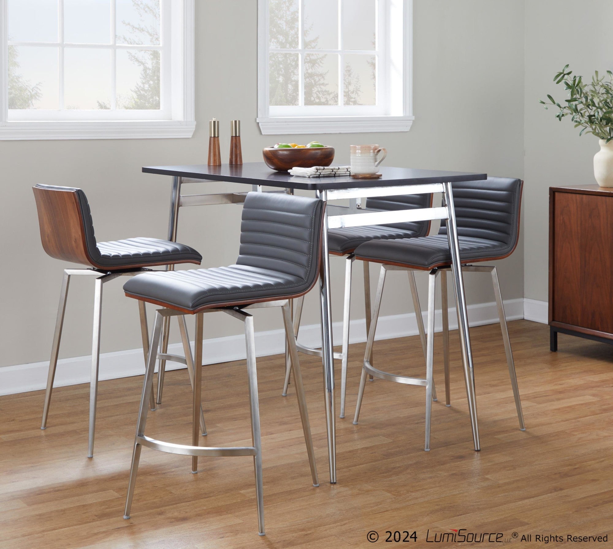 Marcel-mason Swivel Counter Height Dining Set - 5 Piece - Chrome Metal, Black Wood, Walnut Wood, Grey PU, Stainless Steel