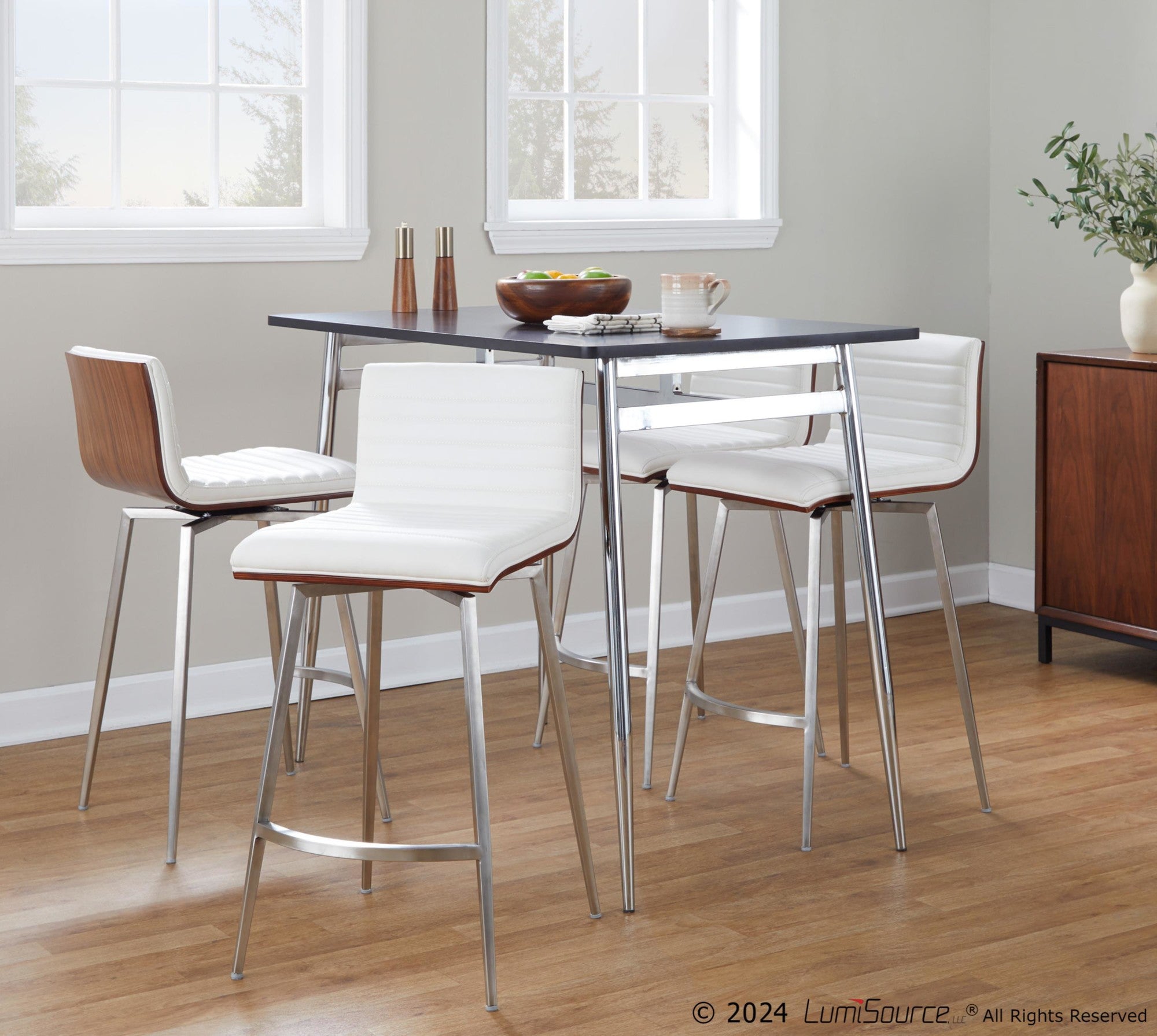 Marcel-mason Swivel Counter Height Dining Set - 5 Piece - Chrome Metal, Black Wood, Walnut Wood, White PU, Stainless Steel