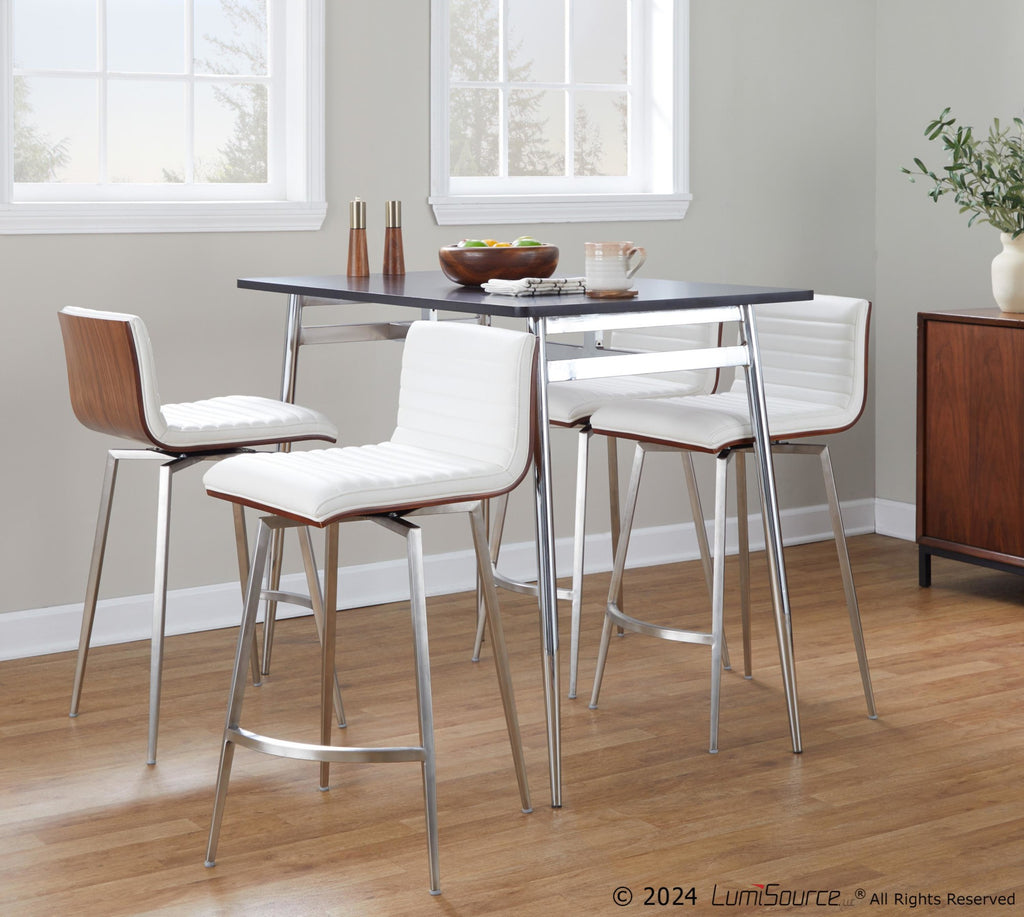 Marcel-mason Swivel Counter Height Dining Set - 5 Piece - Chrome Metal, Black Wood, Walnut Wood, White PU, Stainless Steel