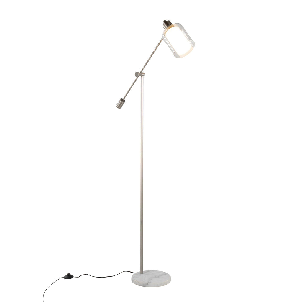 Marcel Floor Lamp - White Marble, Nickel Metal, Frosted Glass, Clear Glass