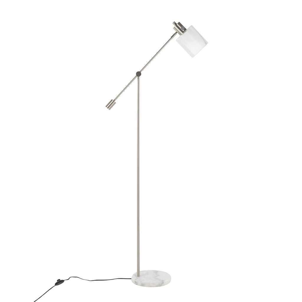 Marcel Floor Lamp - White Marble, Nickel Metal, Frosted Glass, Clear Glass