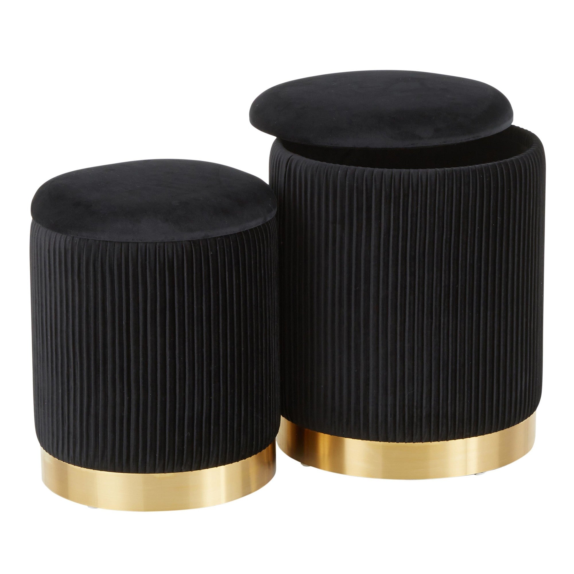 Marla Nesting Pleated Ottoman Set - Gold Metal, Black Velvet