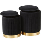 Marla Nesting Pleated Ottoman Set - Gold Metal, Black Velvet