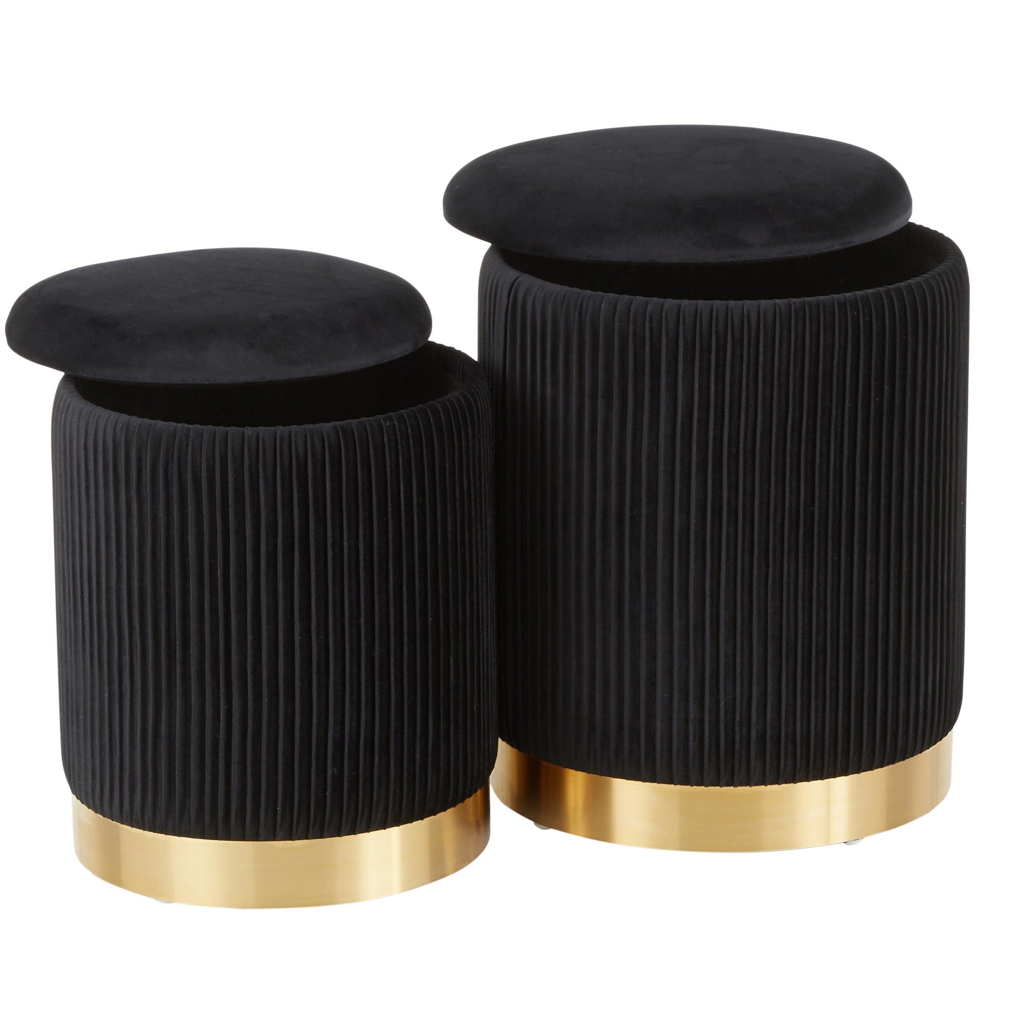 Marla Nesting Pleated Ottoman Set - Gold Metal, Black Velvet