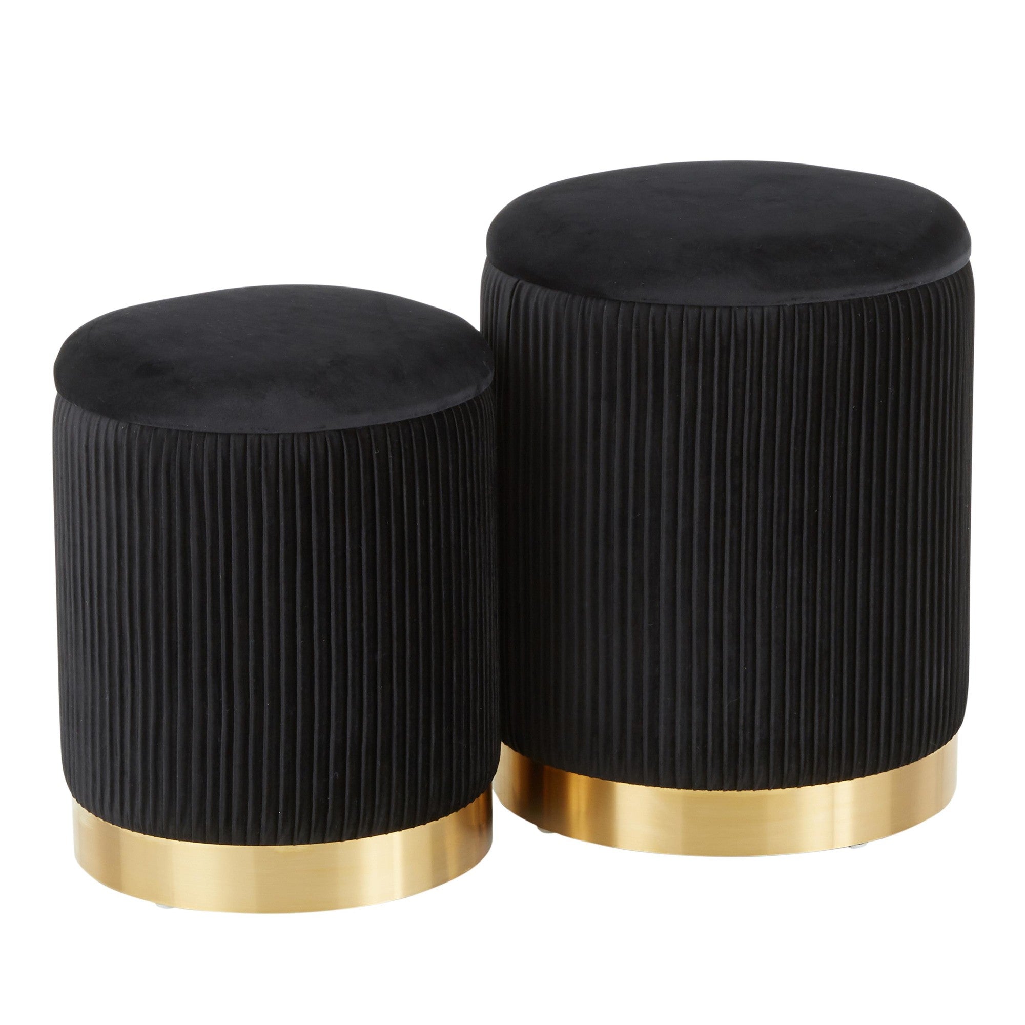 Marla Nesting Pleated Ottoman Set - Gold Metal, Black Velvet