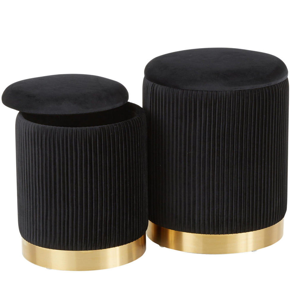 Marla Nesting Pleated Ottoman Set - Gold Metal, Black Velvet
