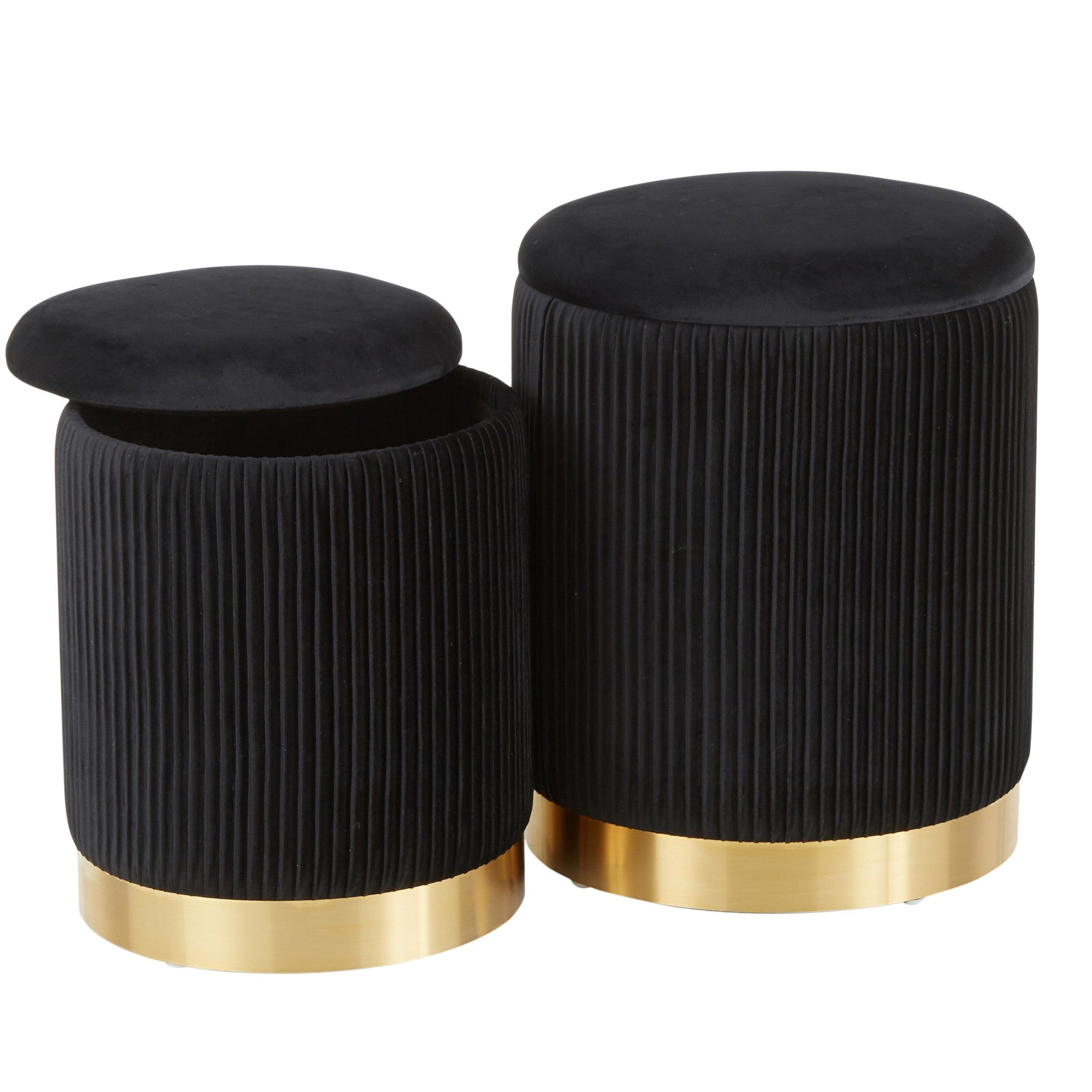 Marla Nesting Pleated Ottoman Set - Gold Metal, Black Velvet