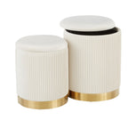 Marla Nesting Pleated Ottoman Set - Gold Metal, Cream Velvet
