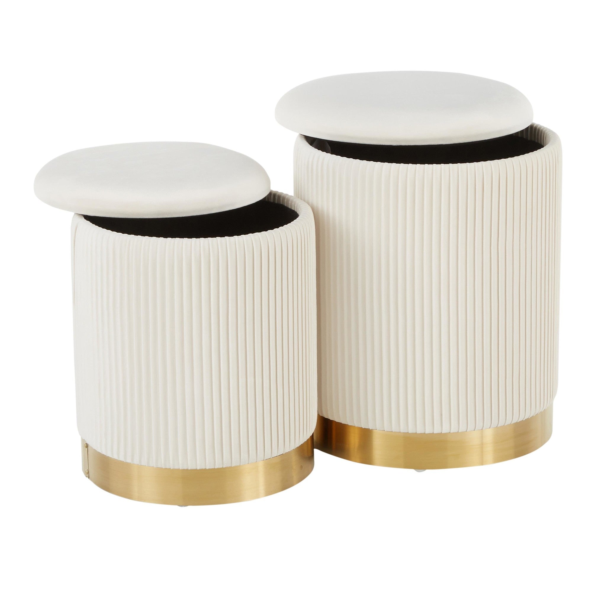 Marla Nesting Pleated Ottoman Set - Gold Metal, Cream Velvet