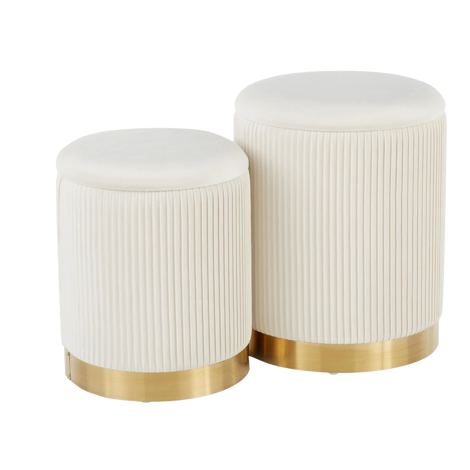 Marla Nesting Pleated Ottoman Set - Gold Metal, Cream Velvet