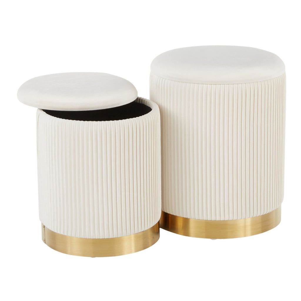 Marla Nesting Pleated Ottoman Set - Gold Metal, Cream Velvet