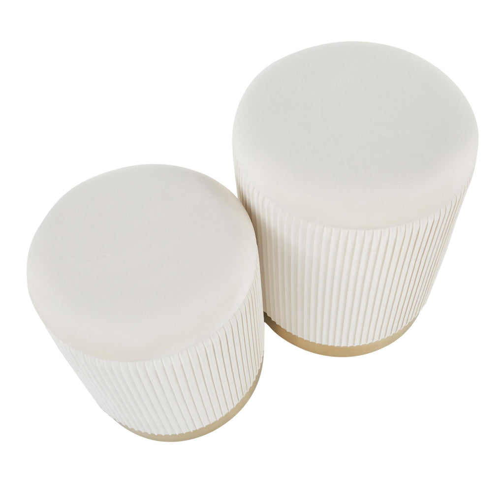 Marla Nesting Pleated Ottoman Set - Gold Metal, Cream Velvet