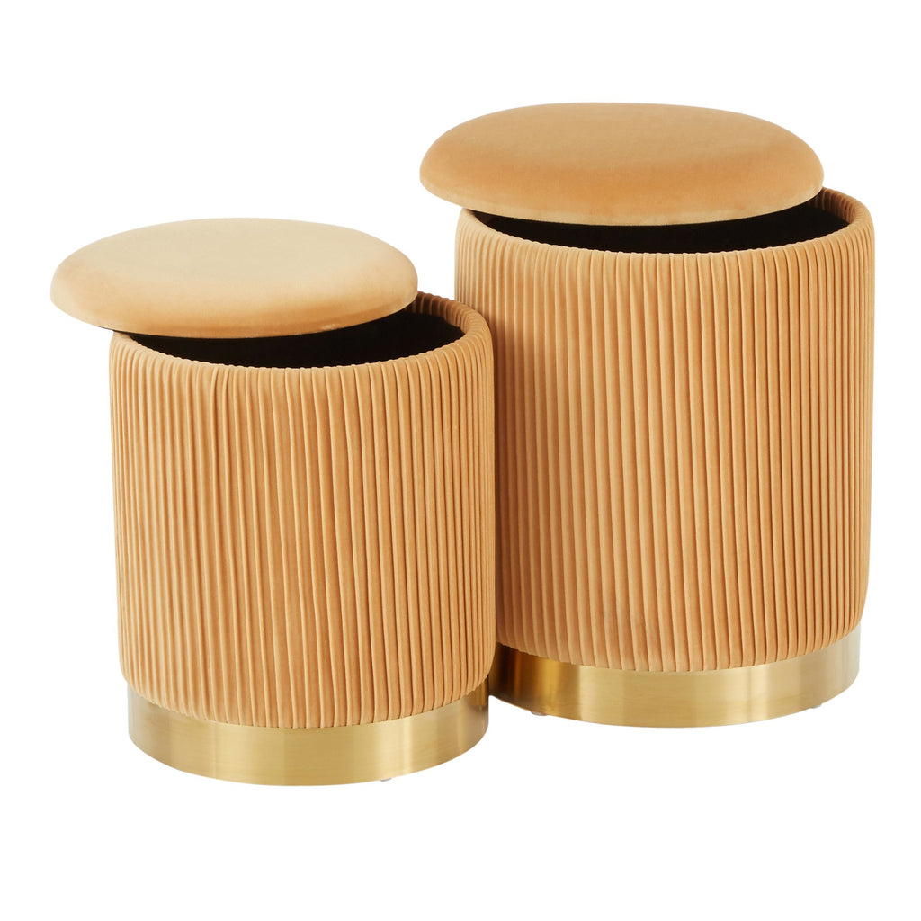 Marla Nesting Pleated Ottoman Set - Gold Metal, Orange Velvet