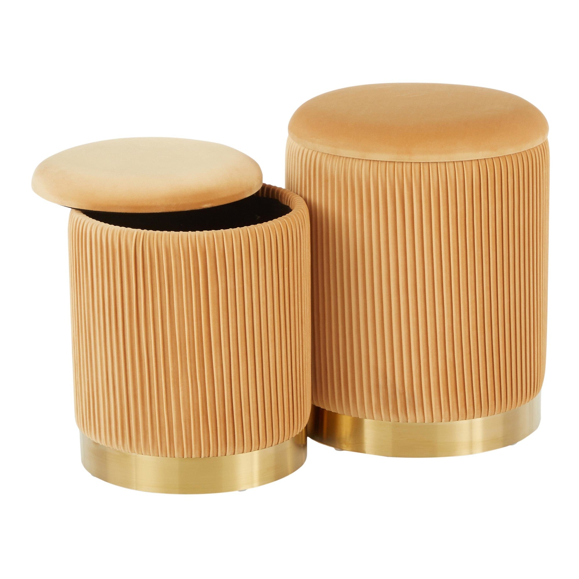 Marla Nesting Pleated Ottoman Set - Gold Metal, Orange Velvet