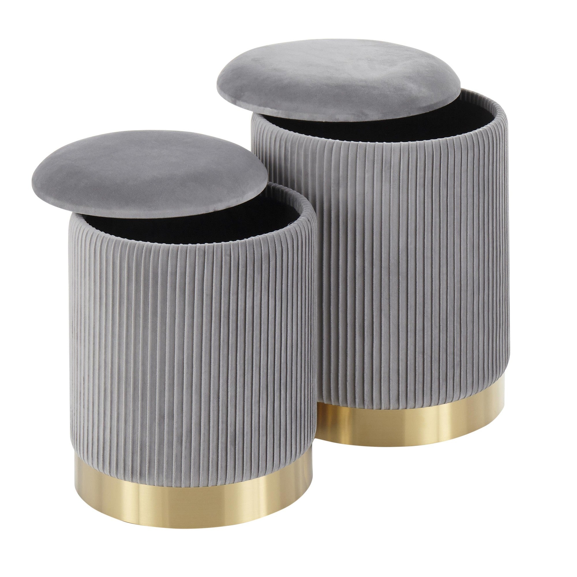 Marla Nesting Pleated Ottoman Set - Gold Metal, Grey Velvet