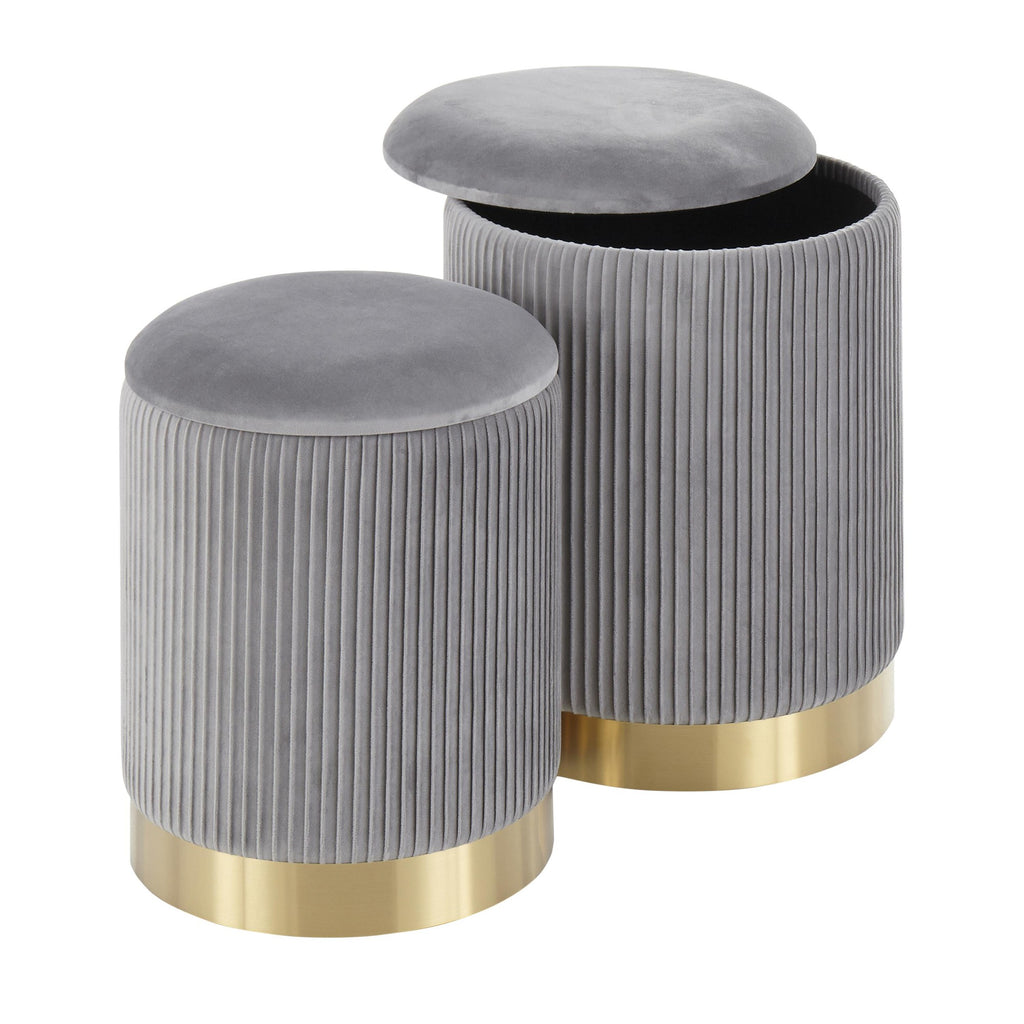 Marla Nesting Pleated Ottoman Set - Gold Metal, Grey Velvet