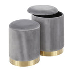Marla Nesting Pleated Ottoman Set - Gold Metal, Grey Velvet