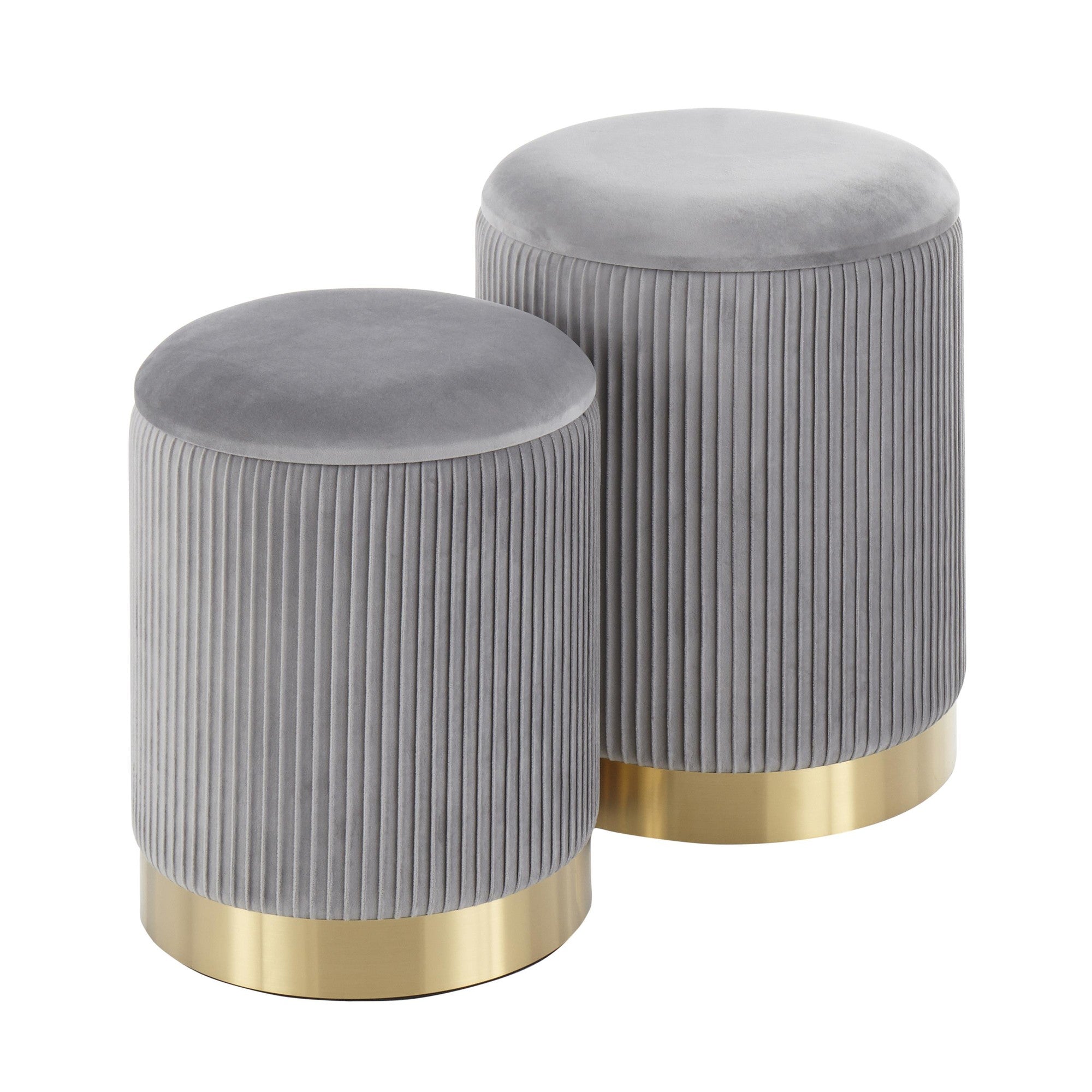 Marla Nesting Pleated Ottoman Set - Gold Metal, Grey Velvet
