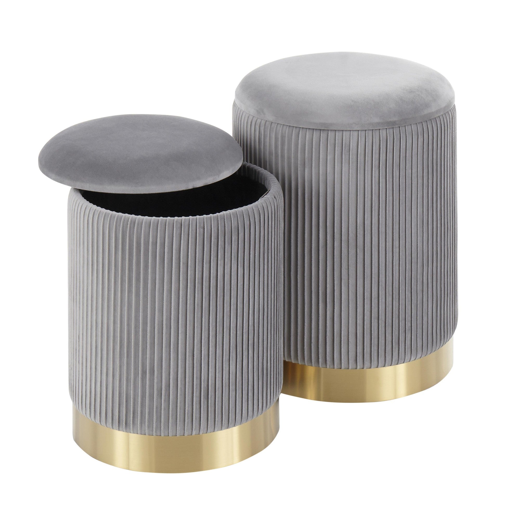 Marla Nesting Pleated Ottoman Set - Gold Metal, Grey Velvet