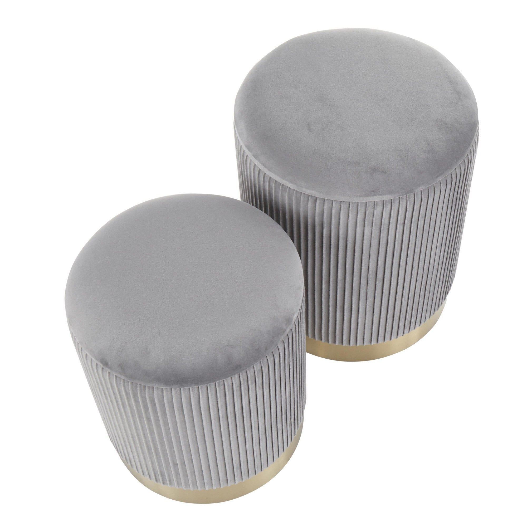 Marla Nesting Pleated Ottoman Set - Gold Metal, Grey Velvet
