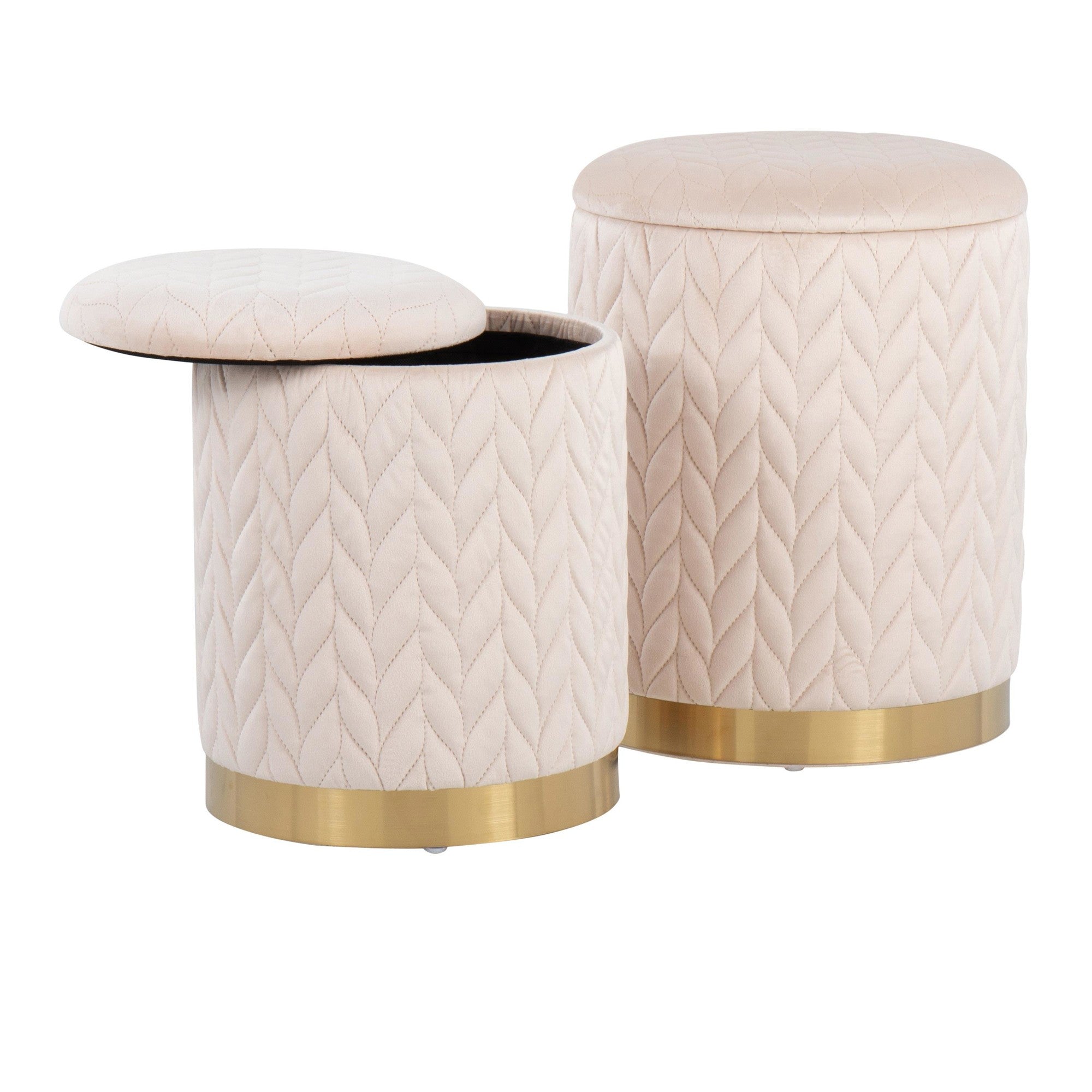 Marla Quilted Ottoman Set - Gold Metal, Cream Velvet