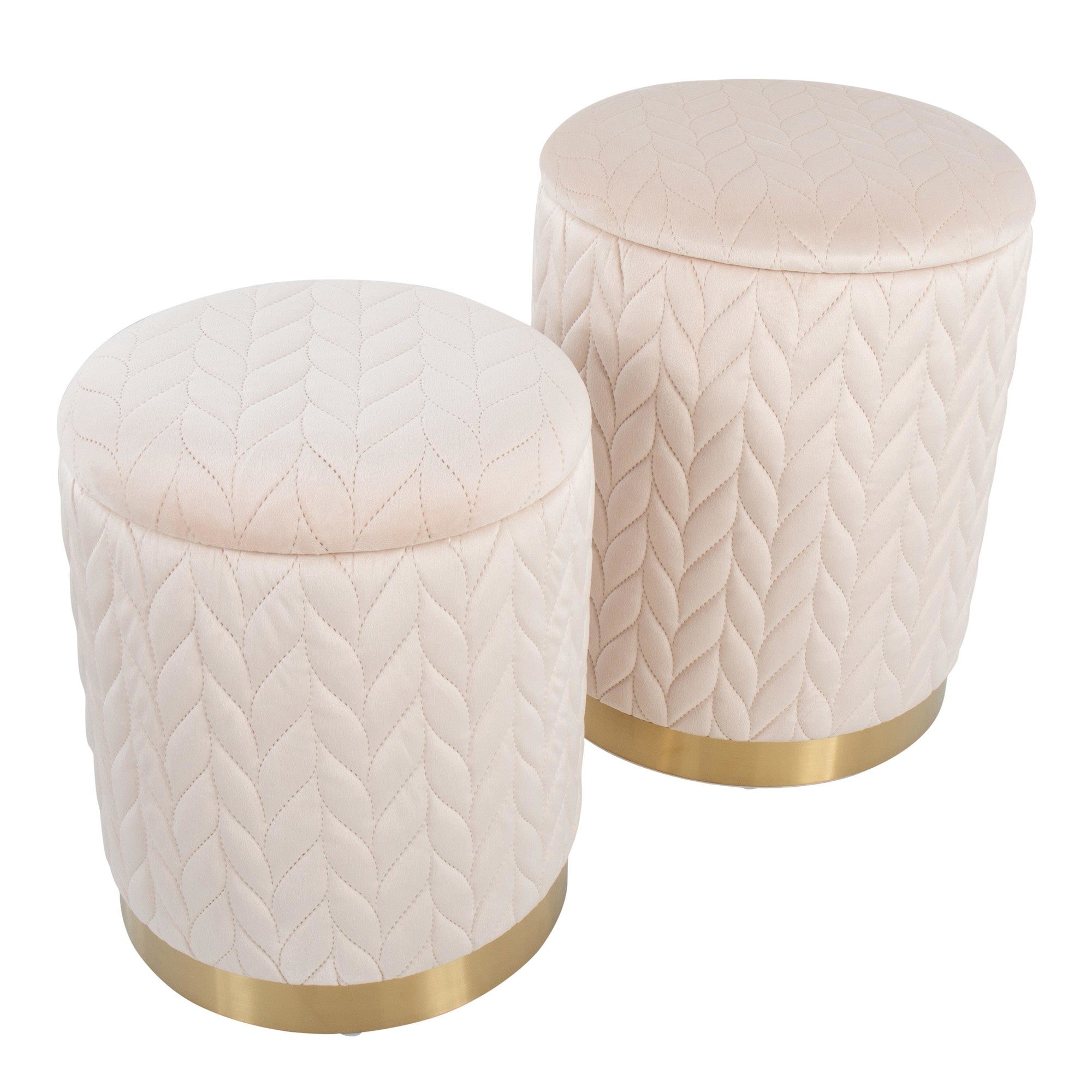 Marla Quilted Ottoman Set - Gold Metal, Cream Velvet