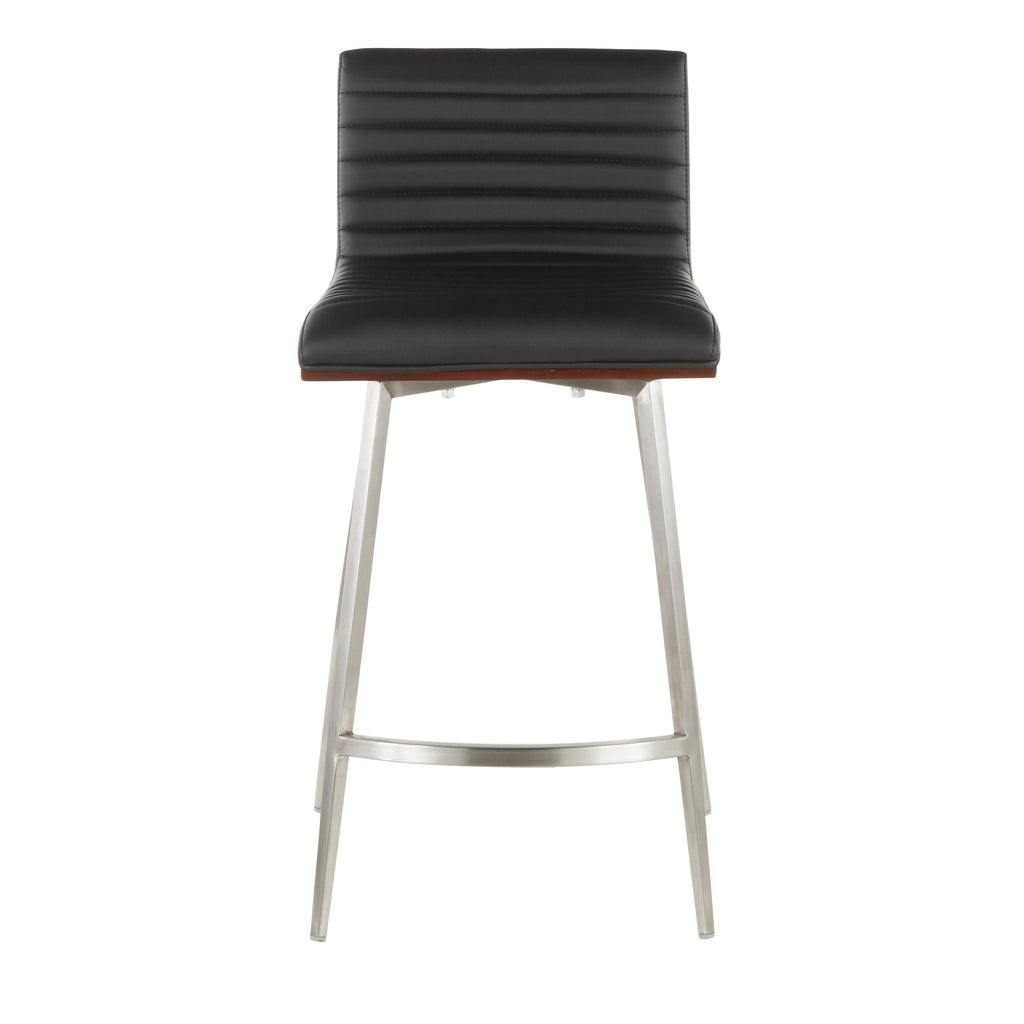Mason 26" Fixed-Height Counter Stool - Set of 2 - Stainless Steel, Walnut Wood, Black PU