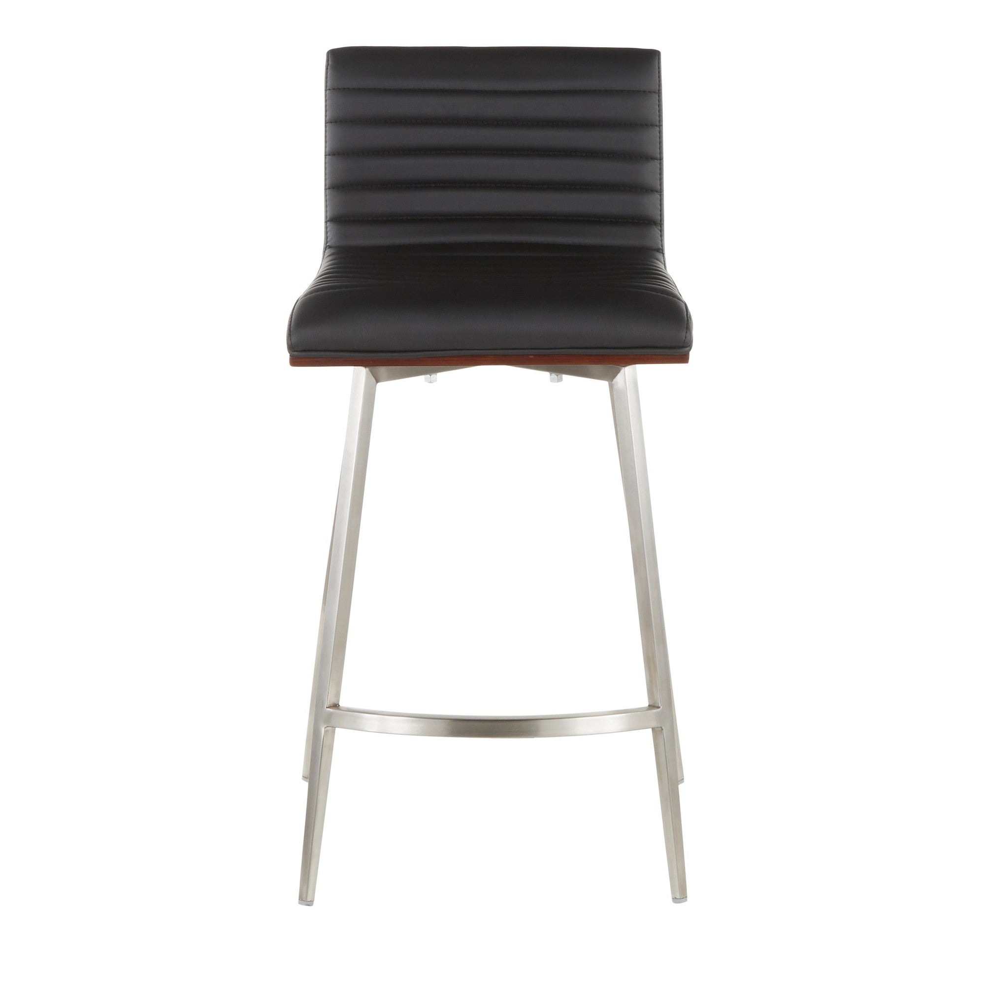 Mason 26" Fixed-Height Counter Stool - Set of 2 - Stainless Steel, Walnut Wood, Black PU