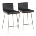 Mason 26" Fixed-Height Counter Stool - Set of 2 - Stainless Steel, Walnut Wood, Black PU