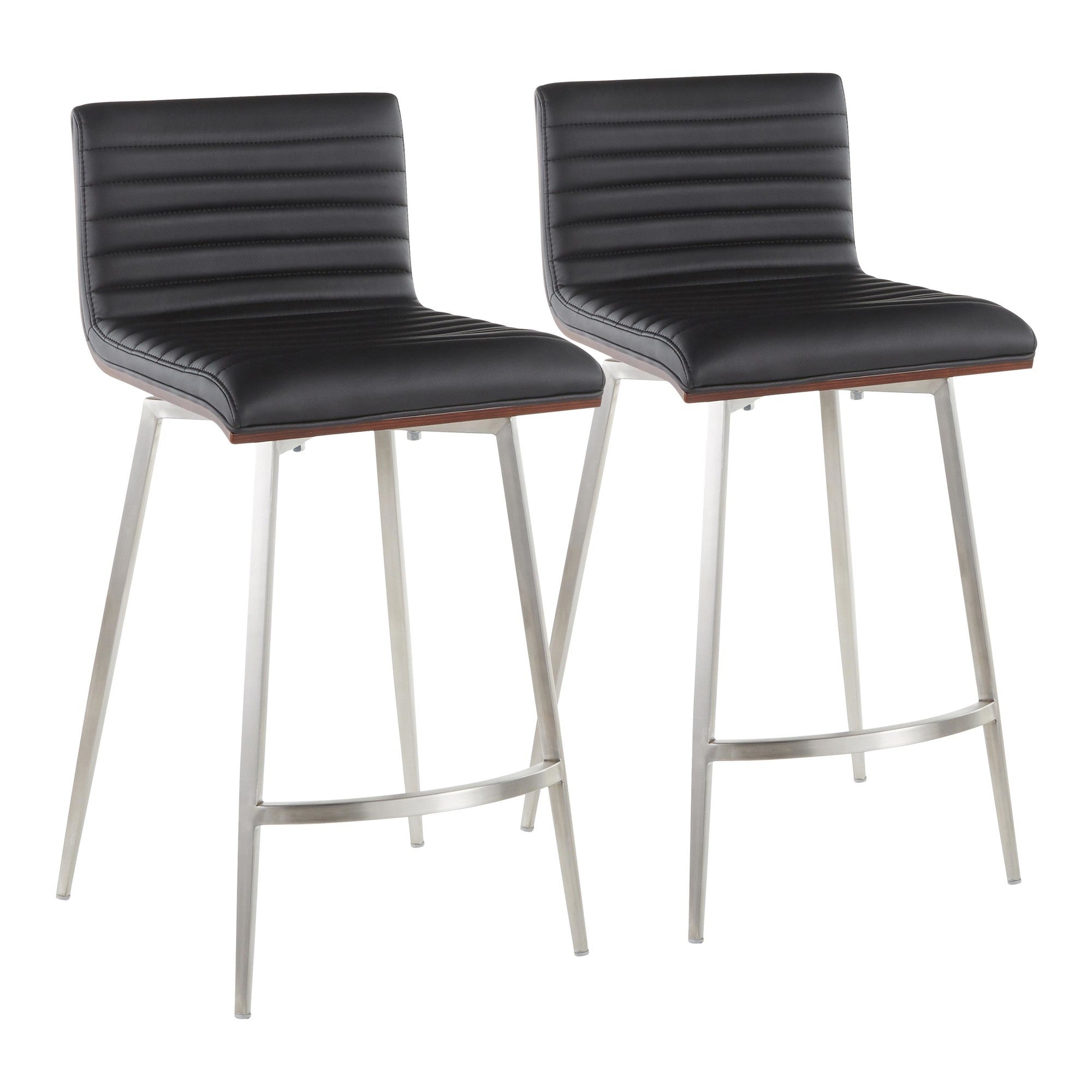 Mason 26" Fixed-Height Counter Stool - Set of 2 - Stainless Steel, Walnut Wood, Black PU