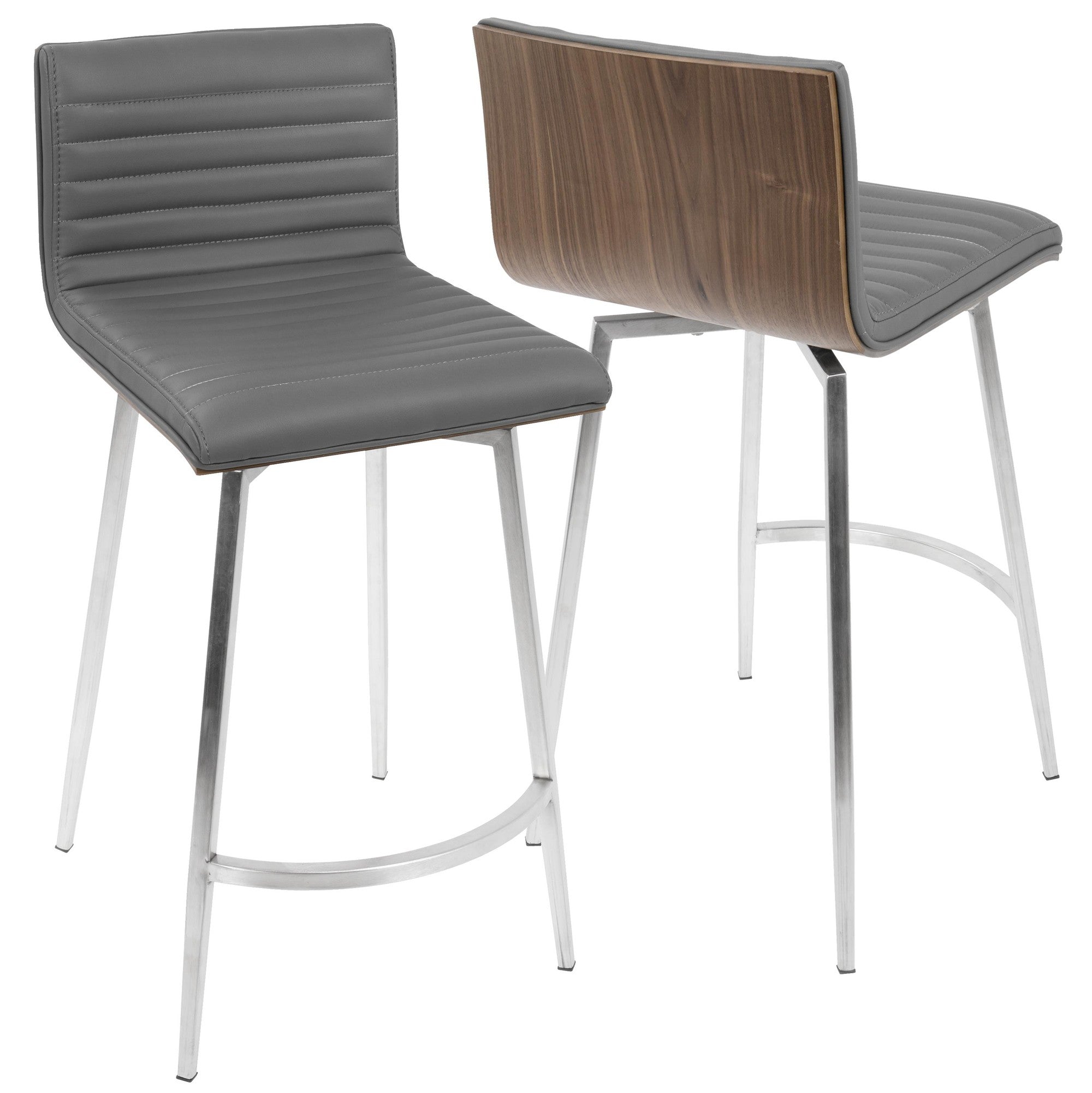 Mason 26" Fixed-Height Counter Stool - Set of 2 - Stainless Steel, Walnut Wood, Grey PU