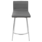 Mason 26" Fixed-Height Counter Stool - Set of 2 - Stainless Steel, Walnut Wood, Grey PU