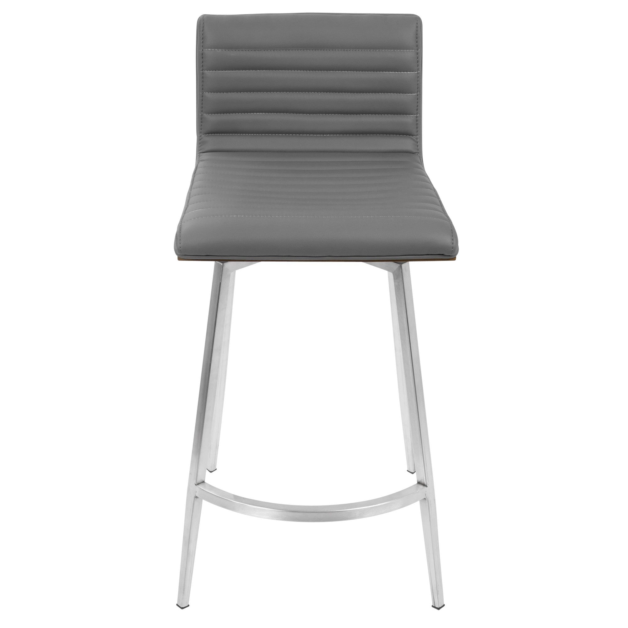 Mason 26" Fixed-Height Counter Stool - Set of 2 - Stainless Steel, Walnut Wood, Grey PU