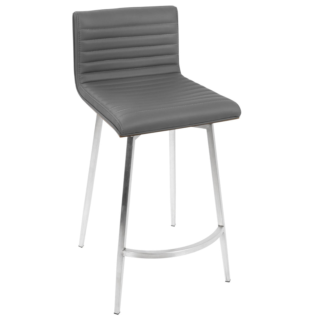 Mason 26" Fixed-Height Counter Stool - Set of 2 - Stainless Steel, Walnut Wood, Grey PU
