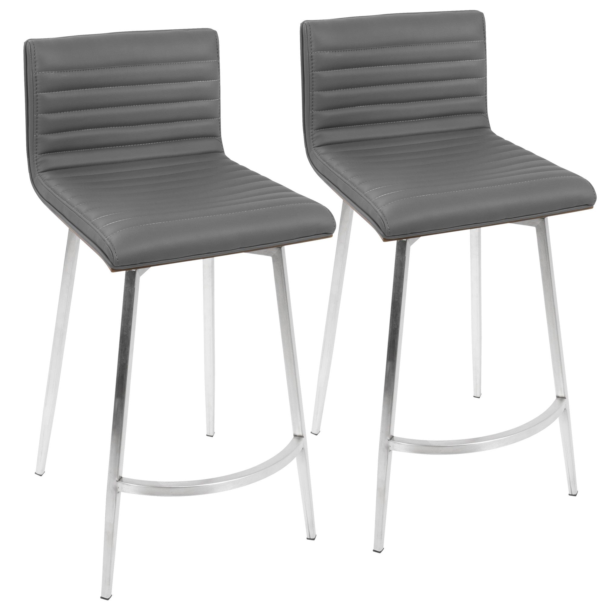 Mason 26" Fixed-Height Counter Stool - Set of 2 - Stainless Steel, Walnut Wood, Grey PU