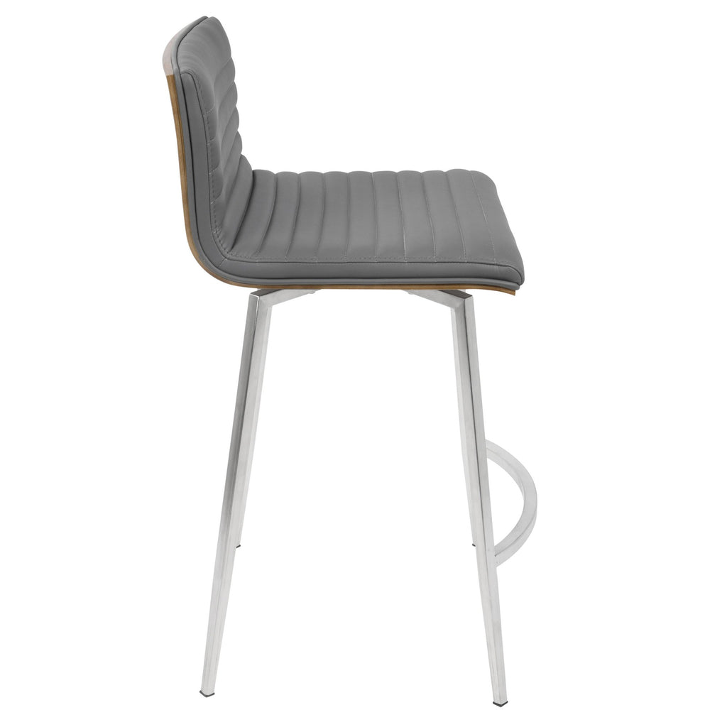 Mason 26" Fixed-Height Counter Stool - Set of 2 - Stainless Steel, Walnut Wood, Grey PU